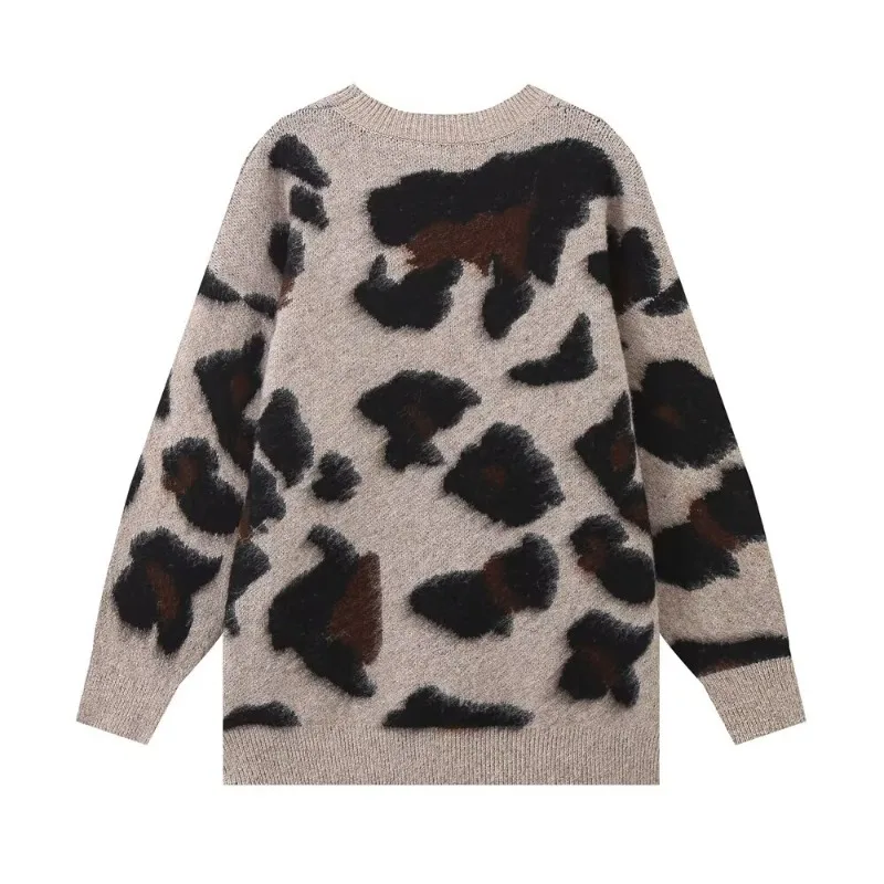 TRAF ZR Knit Pullovers Leopard Print O-neck Pullover Vintage Cozy Sweaters Long Sleeve Pullovers Women's Autumn Sweater