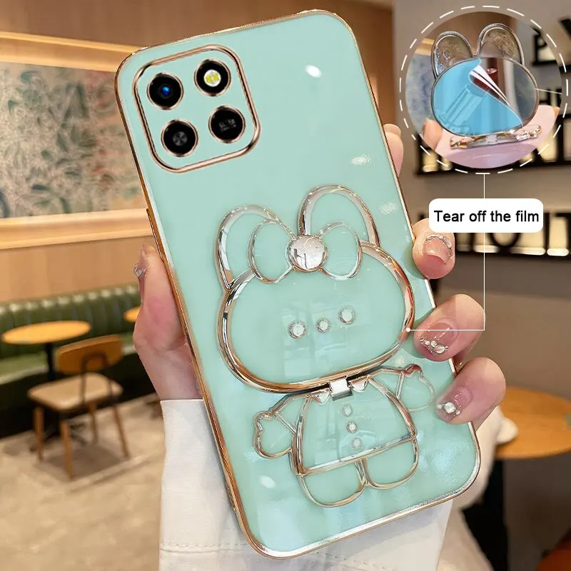 Makeup Mirror Phone Case For Infinix Smart 6 HD Plating Cartoon Rabbit Folding Bracket Phone Protection Case Cover