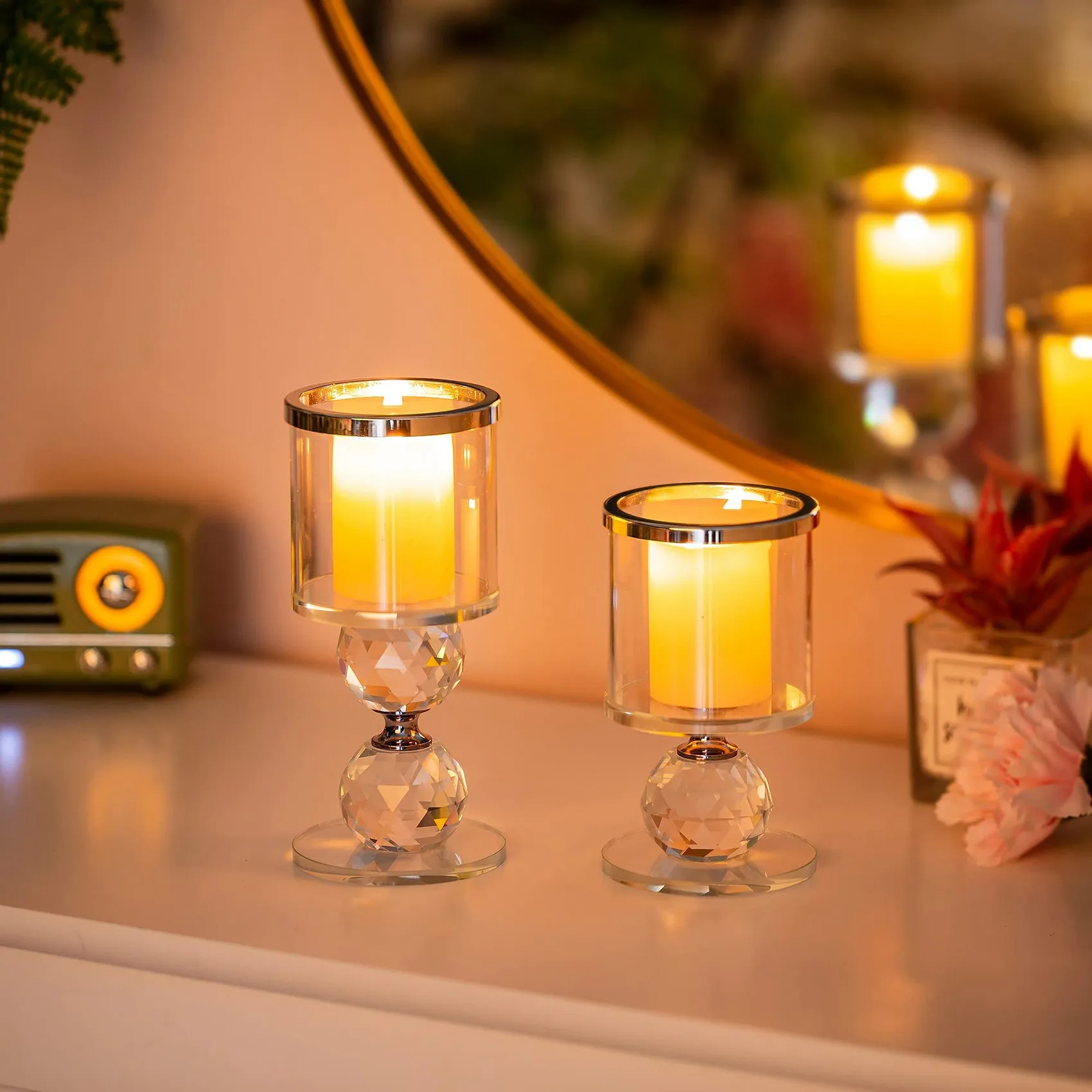 A76I-Crystal Glass Pillar Candle Holder Clear Glass Candle Holder With Glass Covers For Table Centerpiece Decoration