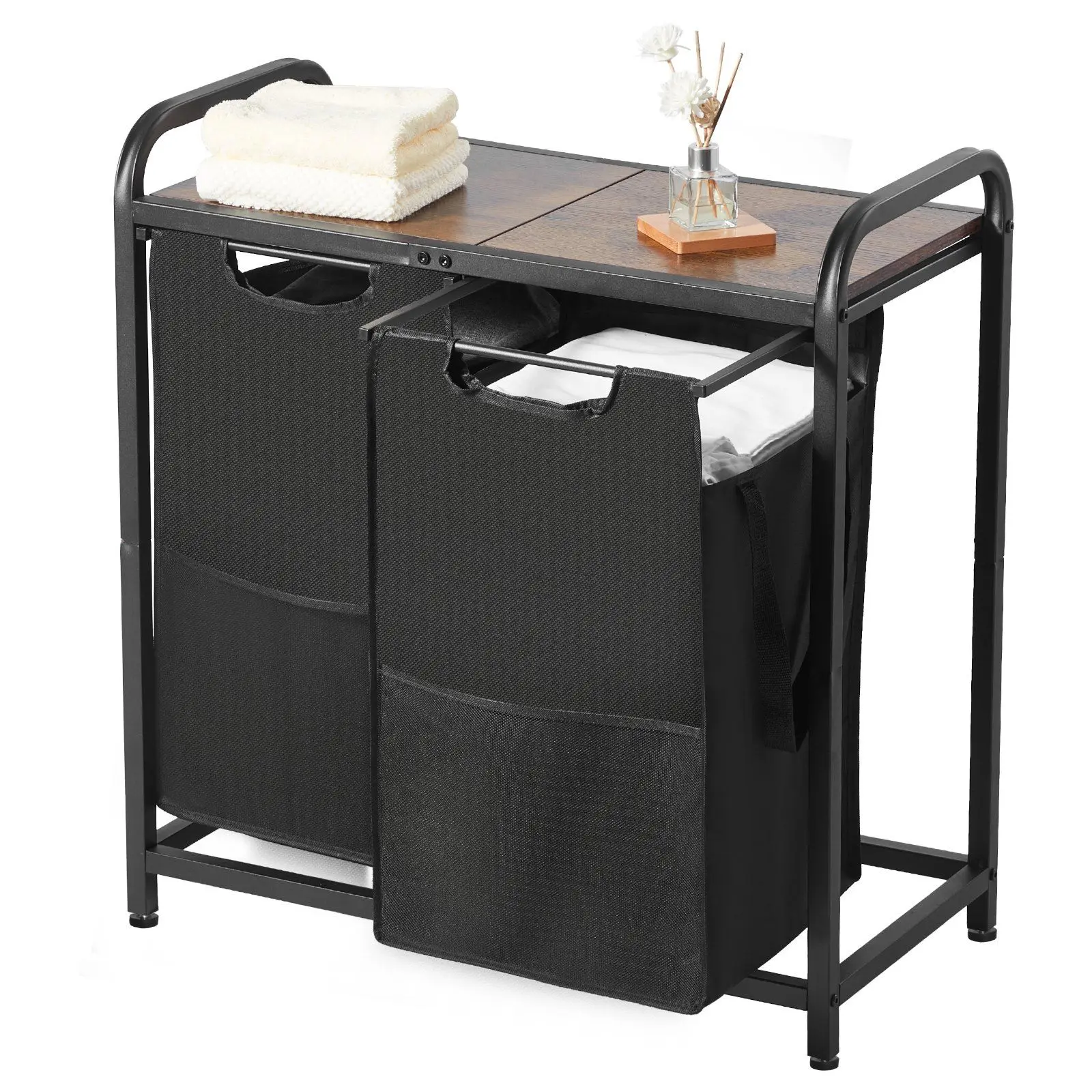 

2-секционный сортировщик белья с деревянной столешницей, отдельно стоящая корзина для белья с выдвижными сумками из ткани Оксфорд для грязной одежды