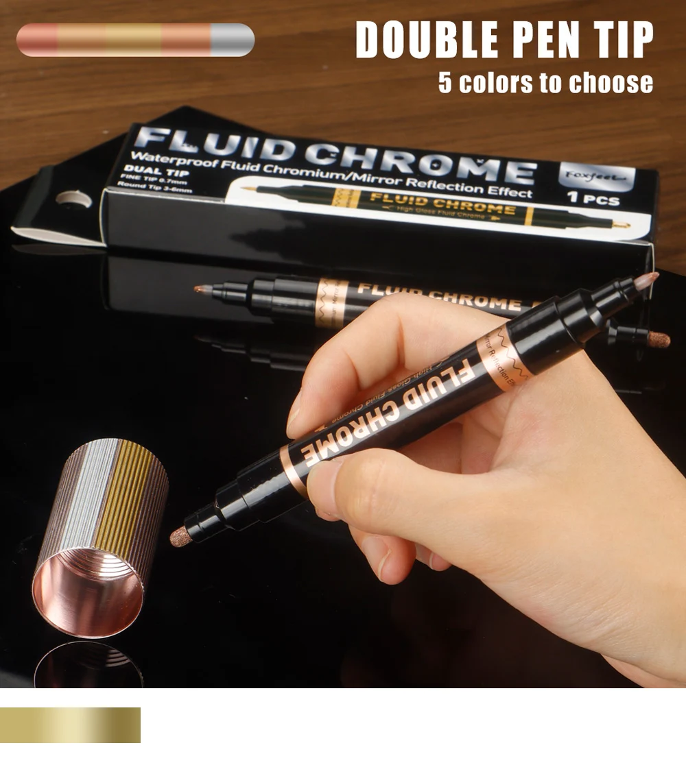 1pc Permanent Farbe Marker 0,7/6mm Dual Tip Messing Kupfer Silber Gold Farbe Spiegel Chrom Wasserdicht auto Styling Handwerk – Detail 6
