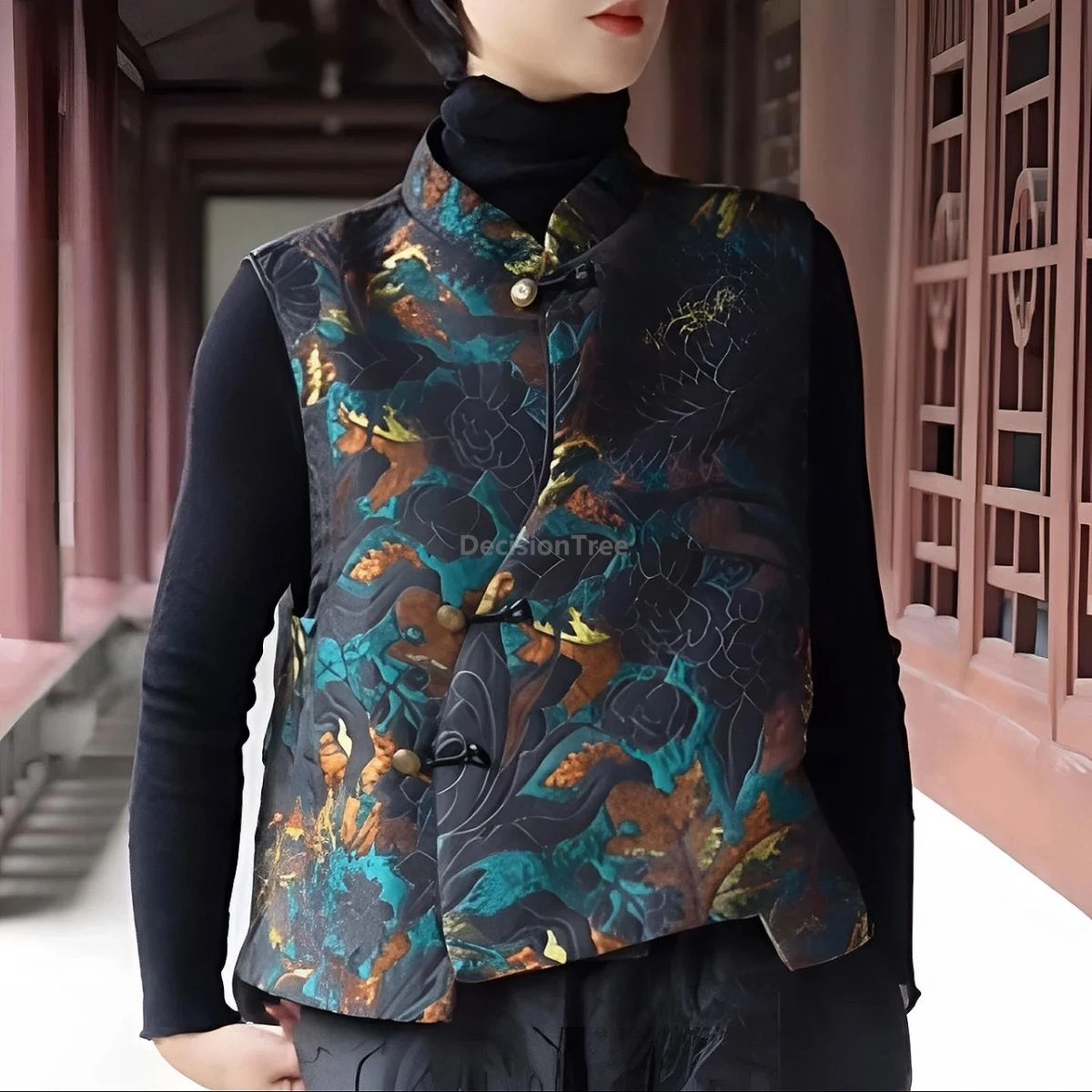 

2025 vintage fashionable chinese style vest women's thicken cotton vest elegant stand collar jacquard temperament waistcoat