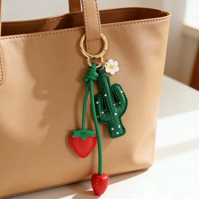 Simulation PU Leather Strawberry Cactus Bag Pendant Fashionable Fruit Ornament Couple Hanging Decoration Parts Accessories Gift