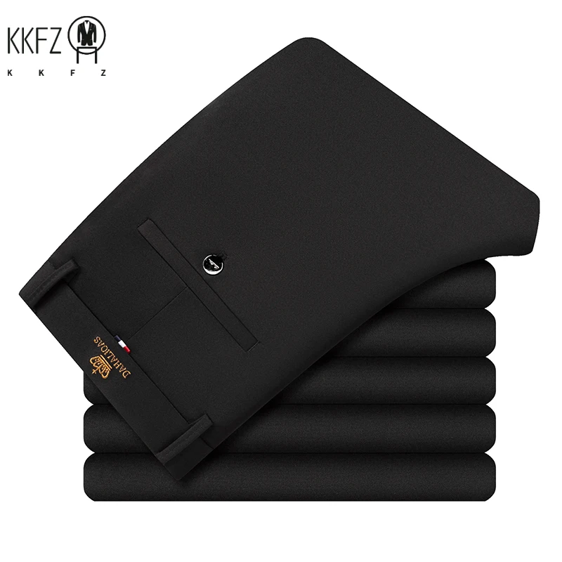 Comfort Fit Male Formal Suit Slacks Wear Resistant Textured Elastic Cut Logo Embroidery Waist Business Travel Long Pants