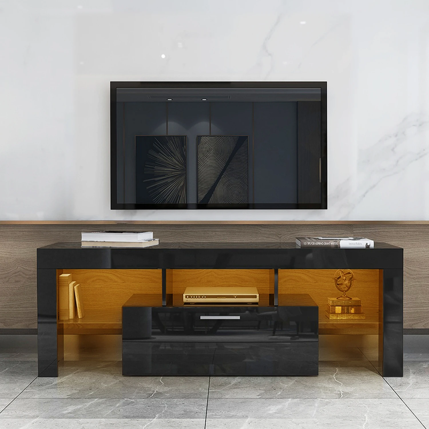 

Fashion TV Stand Entertainment Center with LED Light Belt & Remote Control, Toughened Glass Shelf & Metal Handle - Black. Ideal