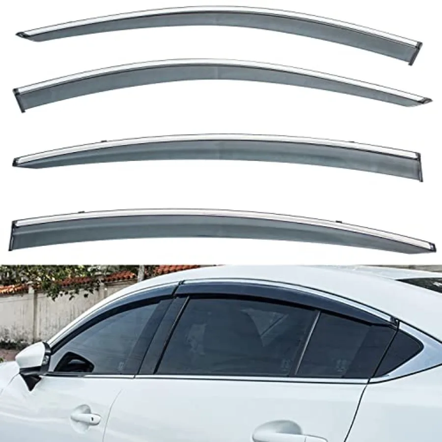 

4pcs Smoke Tint with Chrome Trim Outside Mount Tape On/Clip On Style PVC Sun Rain Guard Vent Window Visors Compatible with 14-1
