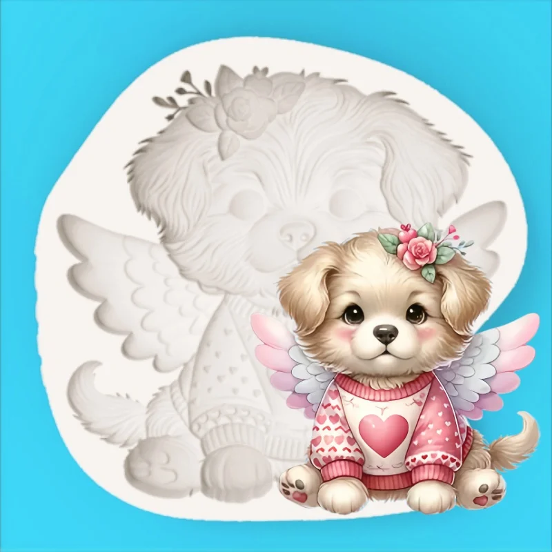 Silicone Mold for Angel Puppy Design with Flower Wreath, Wings, and Love Sweater; Healing-Themed Dessert Chocolate Fondant Decoration Making Silicone Mold