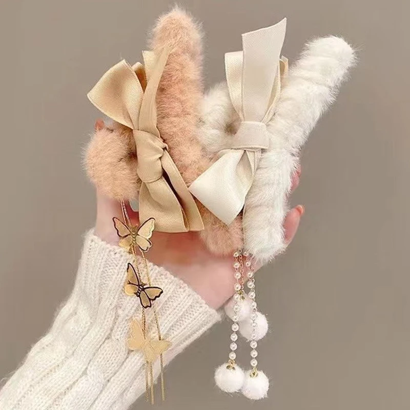 New Bowknot Tassel Big Grip Clip Autumn And Winter Plush Hairpin Ponytail Clip Back Head Hair Catch Half Tie Hair Accessories