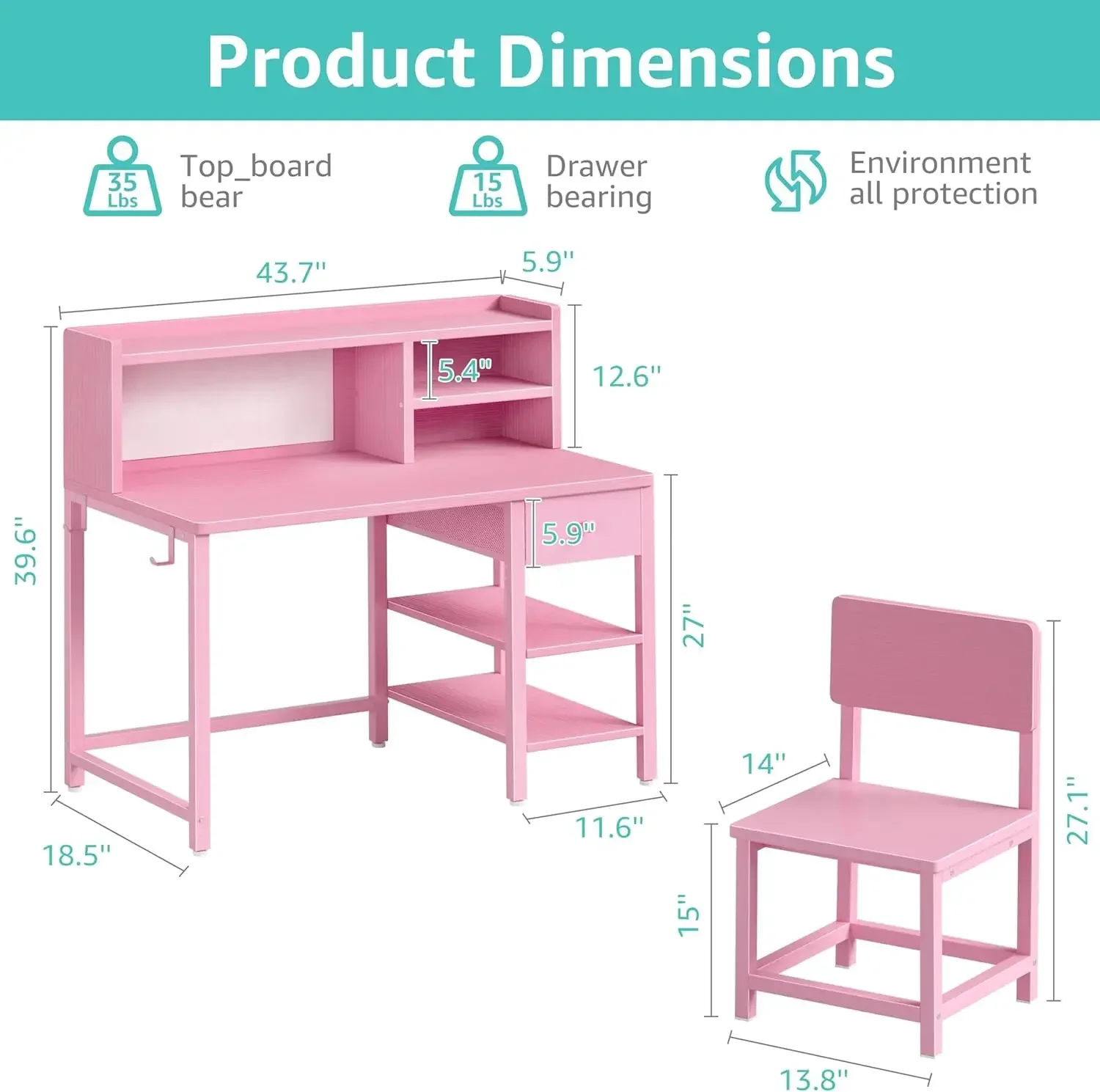 Kids Desk and Chair Set for 6-12 Year Old, Children Study Desk with Hutch and Storage Shelf, Student Writing Table with Fabric D