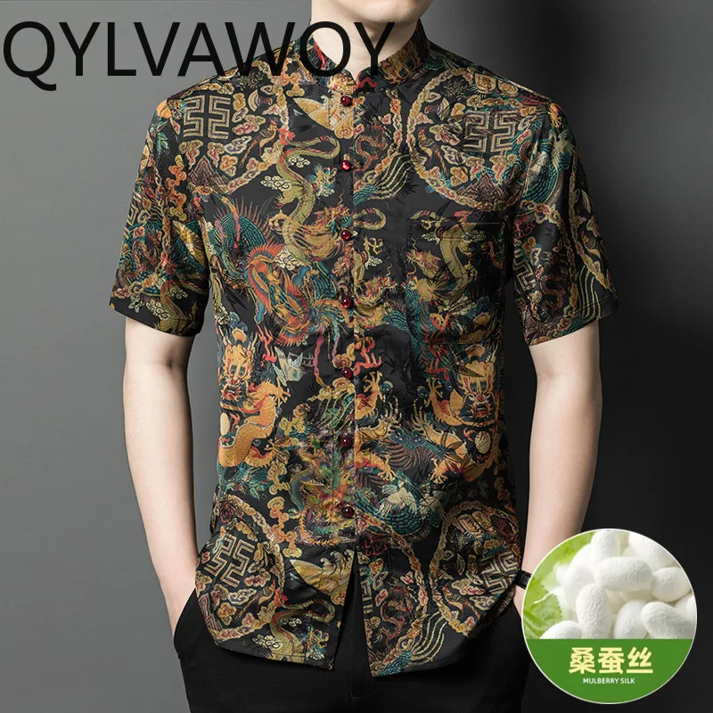 QYLVAWOY Men's Shirts Summer Xiangyunsha Shirts for Man Daily Shirt Mulberry Silk Tops Heavyweight Chinese Camisas Masculina New