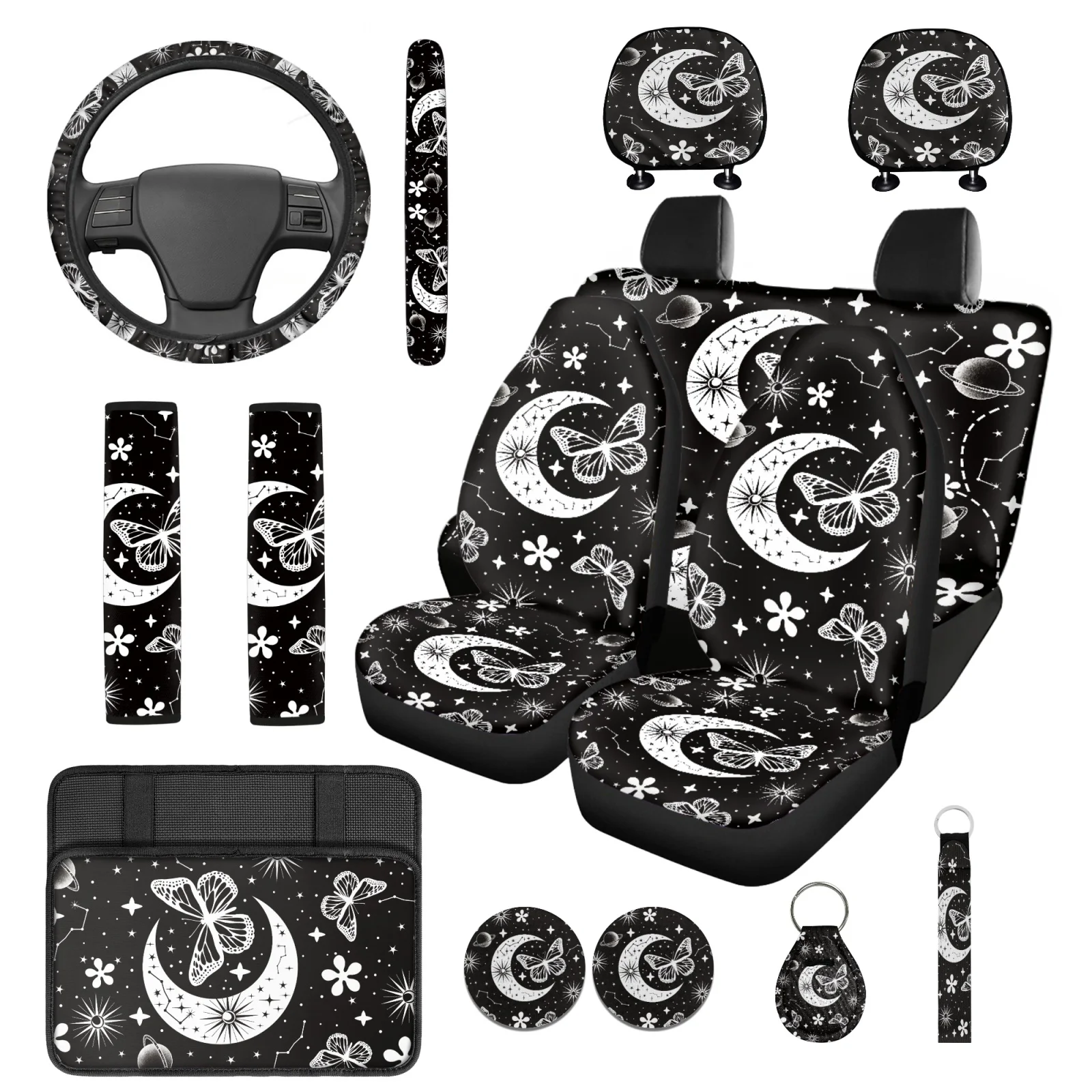 Coloranimal Astral Butterfly 14 Pack Car Seat Covers Sets with Long Lasting Steering Wheel Cover and Cars Headrest Cover for SUV