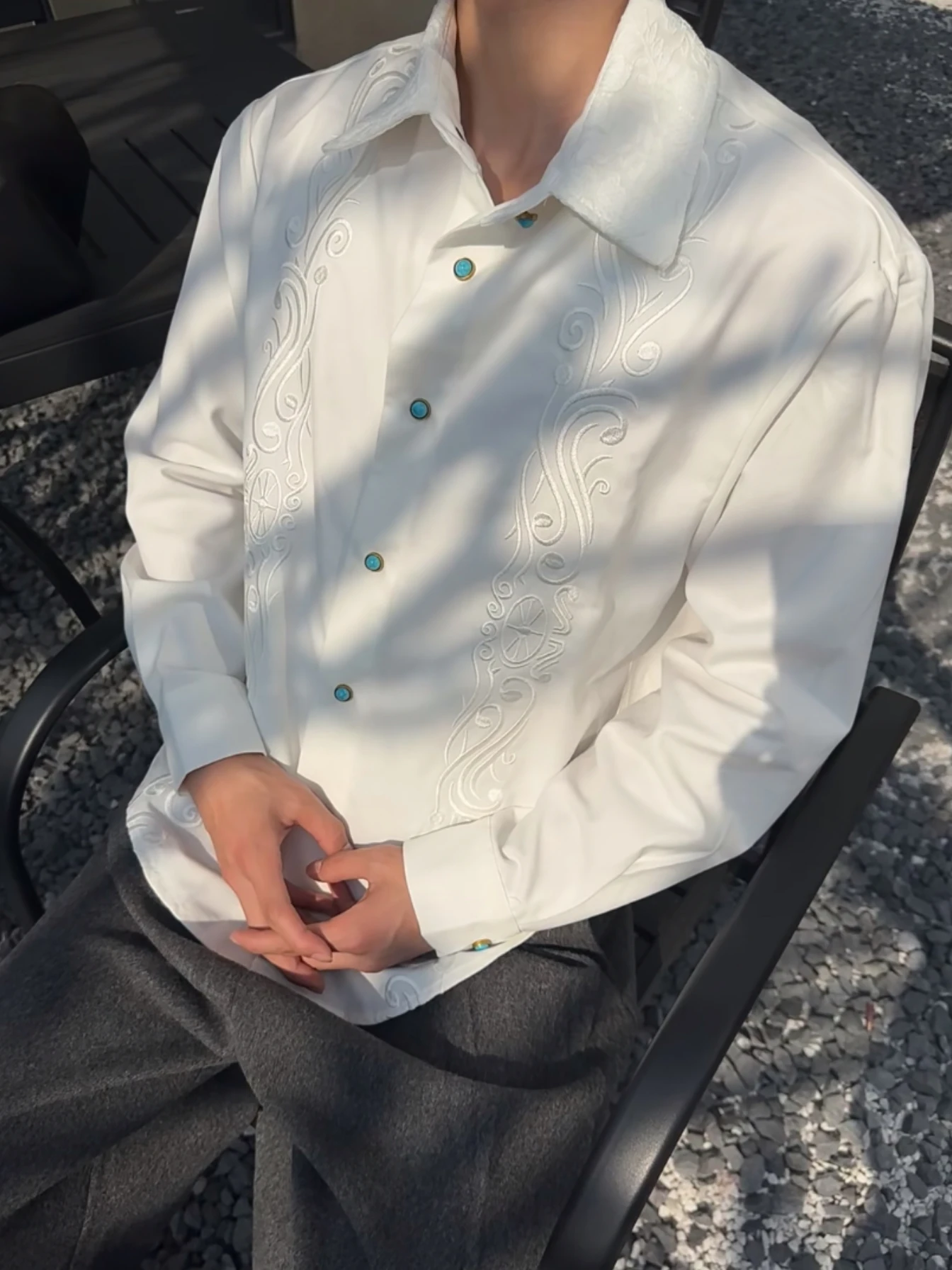 

Retro Green Turquoise Embroidered Long Sleeve Casual Shirt Men Spring Summer Versatile Inner Wear Polyester Skin-friendly Bre...