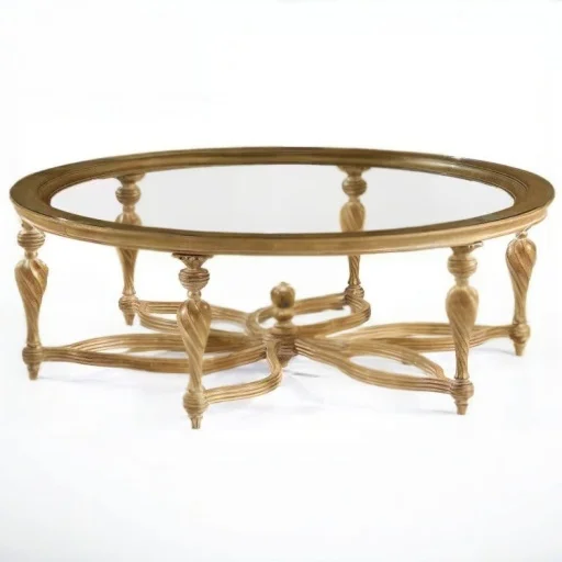 

French court solid wood champagne old American neoclassical tempered glass desktop round coffee table