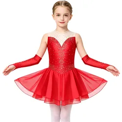 Kids Girls Artistic Figure Skating Ballet Lyrical Dance Costume Glittering Rhinestone Rhythm Gymnastics Dance Dress with Gloves