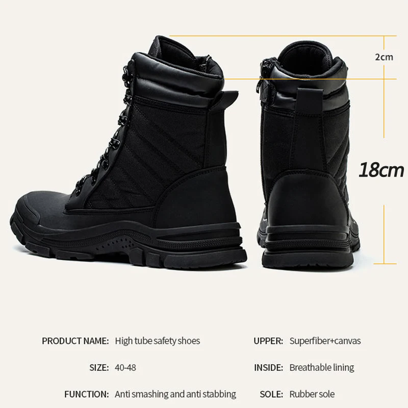 High-Top Work Safety Boots Men Side Zipper Work Boots Steel Toe Shoes Puncture-Proof Indestructible Shoes Protection Boots Male