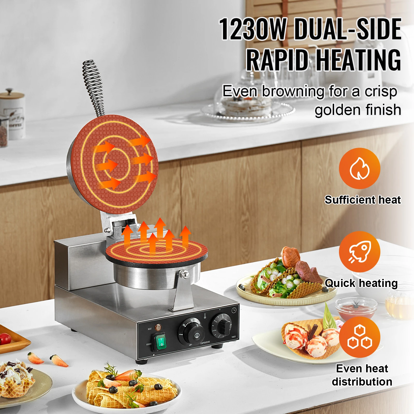 SucceBuy Electric Ice Cream Cone Maker Commercial Non-Stick Stainless Steel Egg Roll Mold with Temperature and Time Control