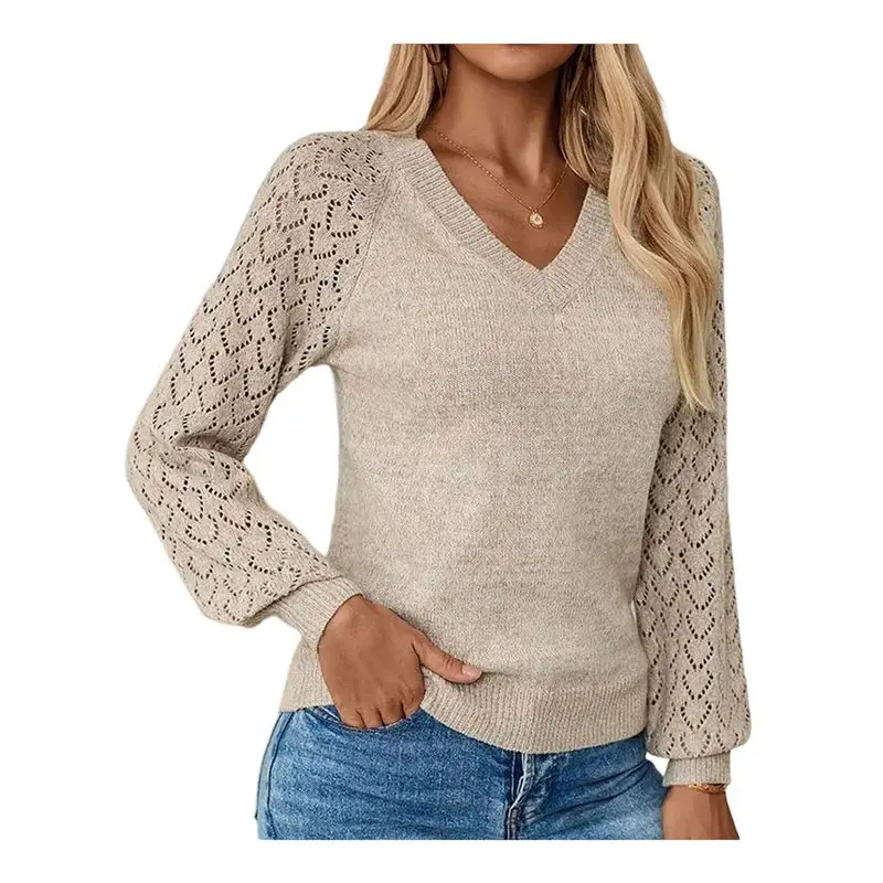 

CYL-Female Long Sleeve Shirts V-Neck Lace Tops Business Casual Blouses Tee Trendy Fall Fashion Outfits Clothes Apricot L