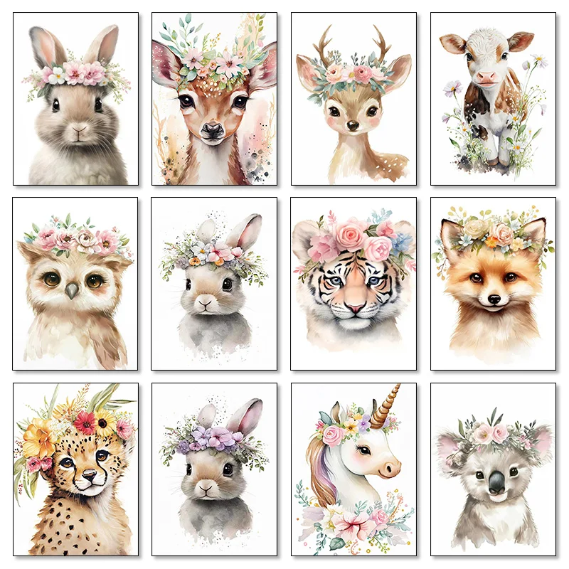 Baby Bear Bunny Deer Raccoon Owl Unicorn Cheetah Watercolor Floral Wall Art Nursery Canvas Painting Animal Print Kids Room Decor