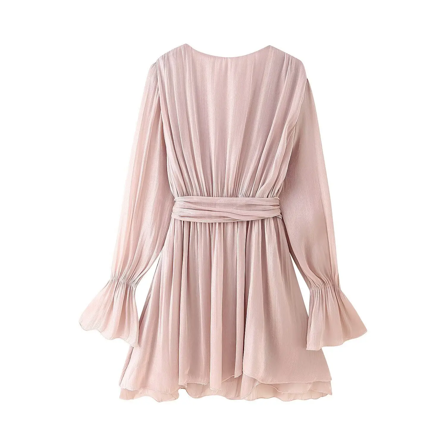 Elegant Pleated A-line Mini Dresses Holiday Party Robe Women Autumn Puff Long Sleeve Dress V Neck Bow Sashes Dress
