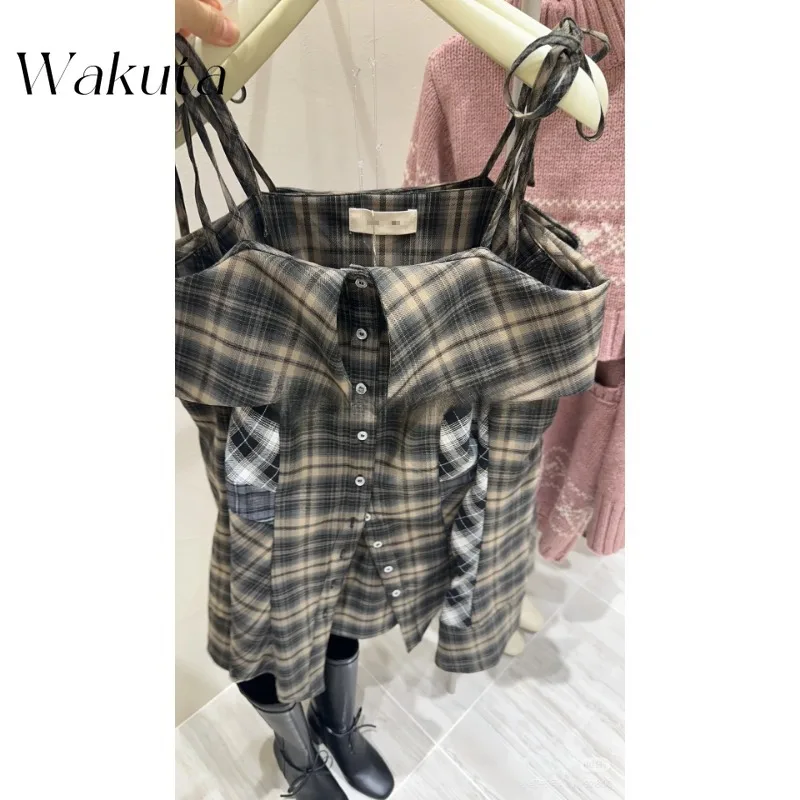 WAKUTA Japanese Niche Pure Desire Strapless Straps One-shoulder Plaid Vestidos Casual Sweet Shirt Lady Mini Dresses فساتين ٢٠٢٢