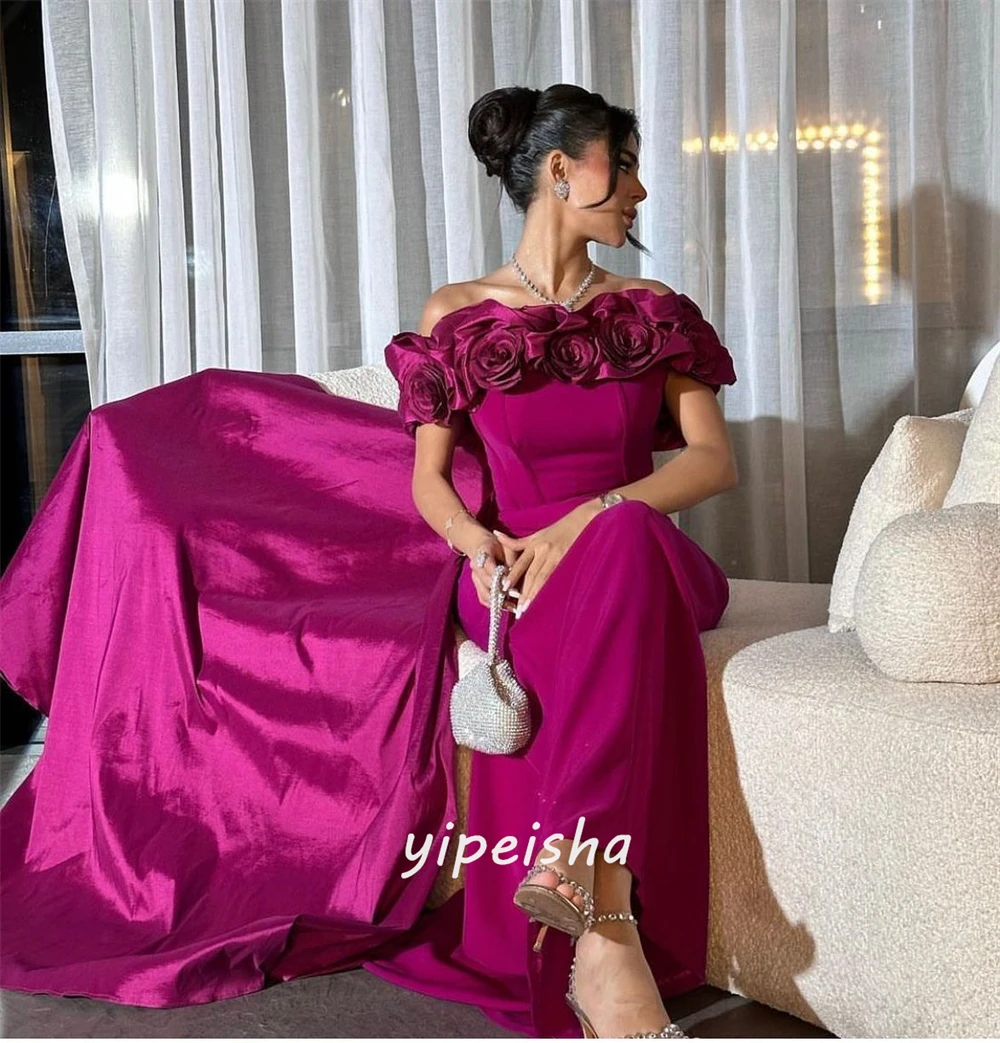 Customized  Sexy Casual   Jersey Flower Ruched Christmas A-line Off-the-shoulder Bespoke Occasion Gown Long Dresses