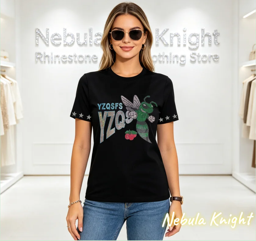 Luxury Crystal Rhinestone Women's Cotton Tee O-Neck Short Sleeve Summer Casual Sparkle Streetwear T-Shirt