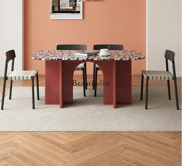 Nordic Modern Minimalist Terrazzo Stone Plate Dining Tables and Chairs Set Rectangular