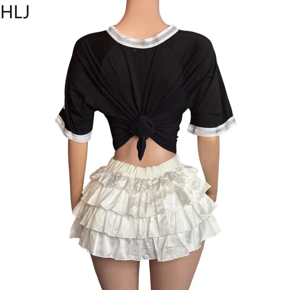 HLJ Stripe Letter Fashion Streetwear Women V Neck Loose Tshirt And Bow Ruched Mini Skirts Two Piece Sets Sweet Y2K 2pcs Outfits