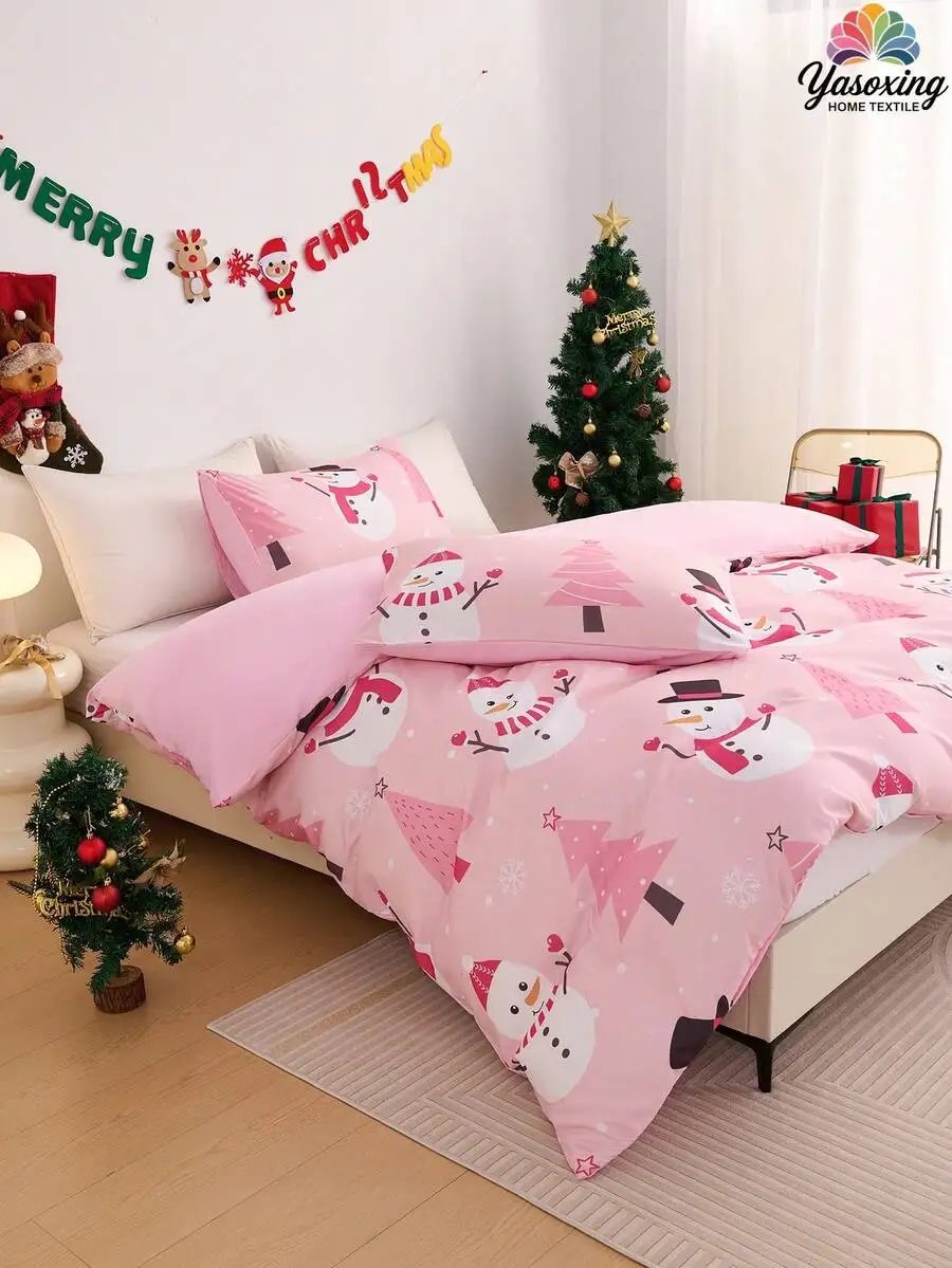 Pink Christmas Snowflake Gift  Snowman Christmas tree Pattern Reversible Color Duvet Cover Bedding Set Soft for girls gift decor