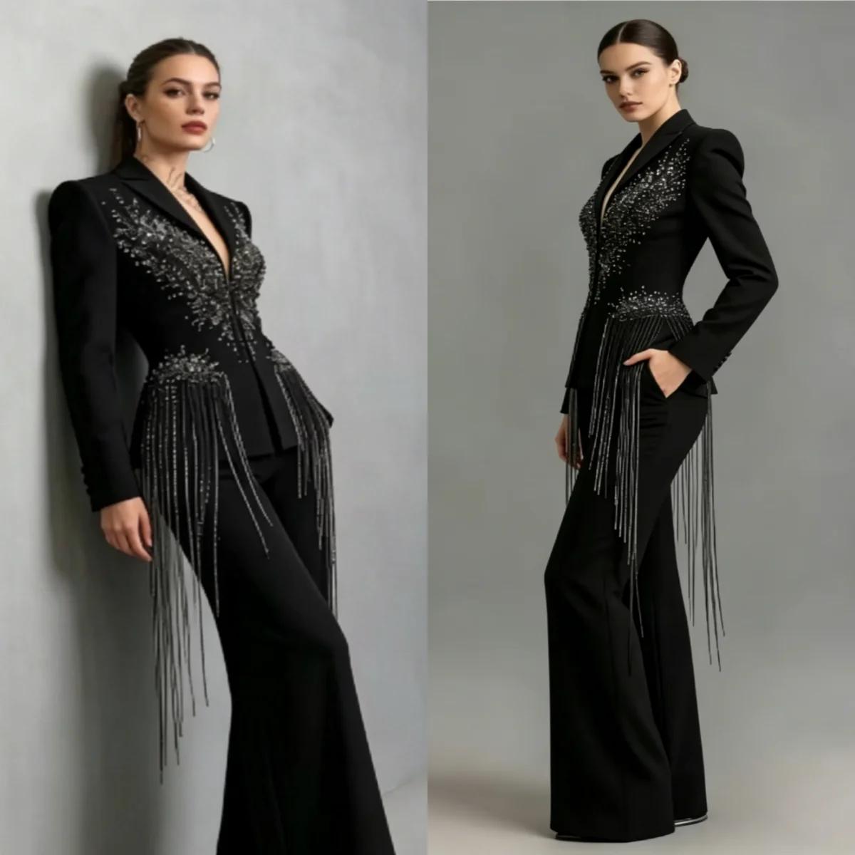 

Stunning Beaded Women Suits Peaked Lapel Prom Blazer Sets Tassel Customized Banquet Party 2 Pieces Customized
