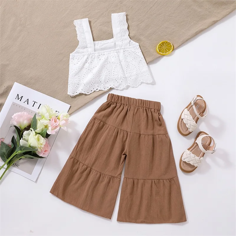 1-5Y Kids Baby Girls Summer Outfits Sleeveless Lace Crochet Tank Tops High Elastic Waist Wide Leg Pants 2Pcs Clothes Set