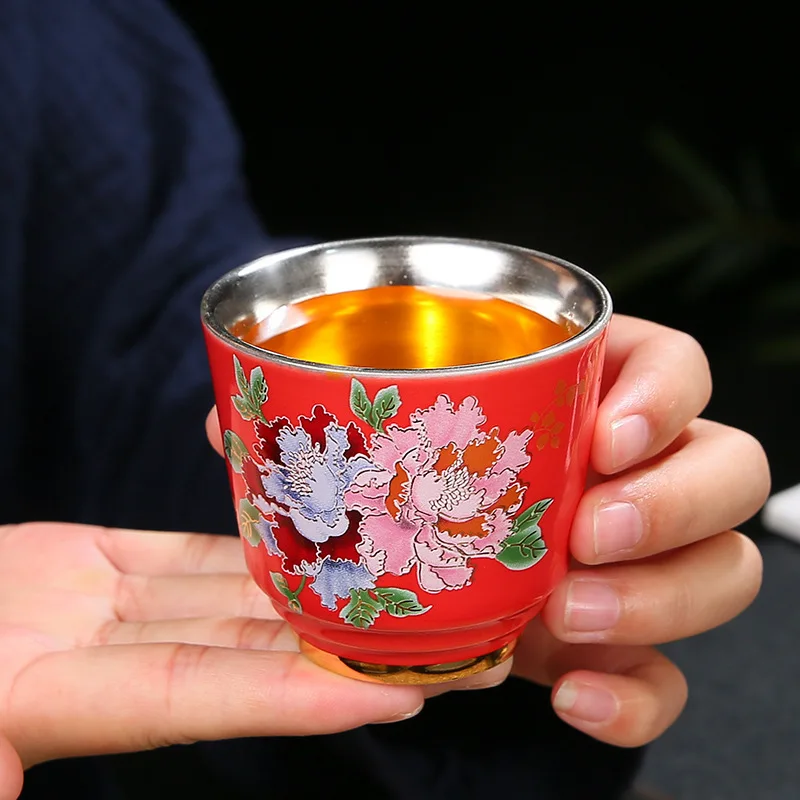 Large Peony Design, Single for Tasting Tea, Silver Cup with Handheld Storage Bag