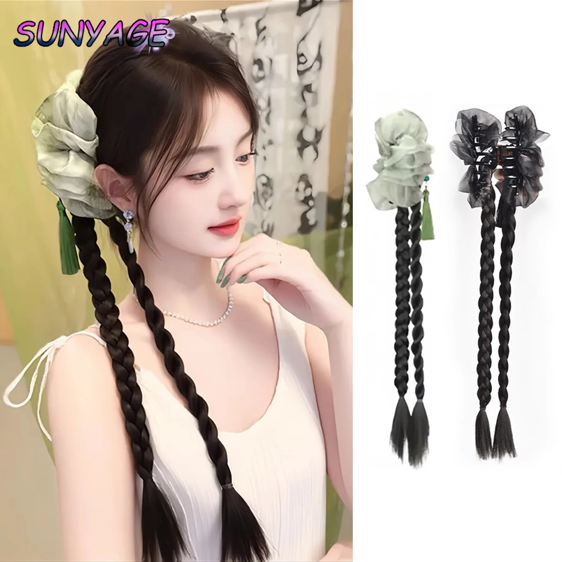 

SUNYAGE Chinese Style Mesh Bow Grab Clip synthetic Ponytail Wig Women Simulation Boxing Braid Extensions