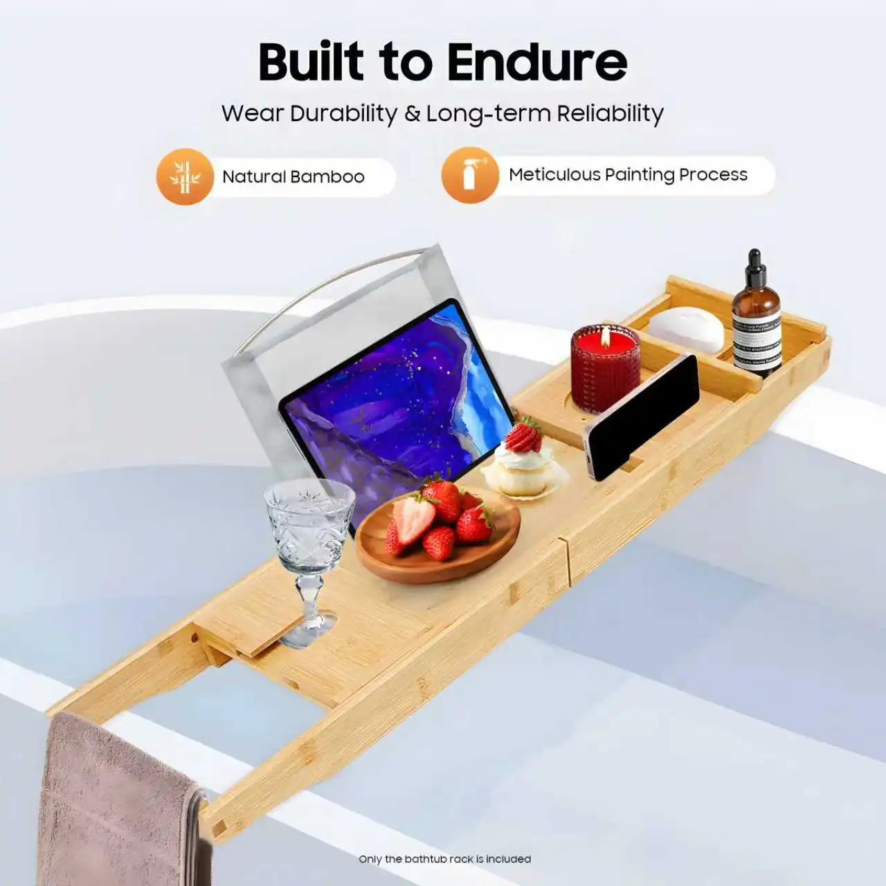 

Expandable Bamboo Bathtub Tray with Single Box Soap Box Waterproof Cloth Retractable 29.53-42.91in for Bathroom