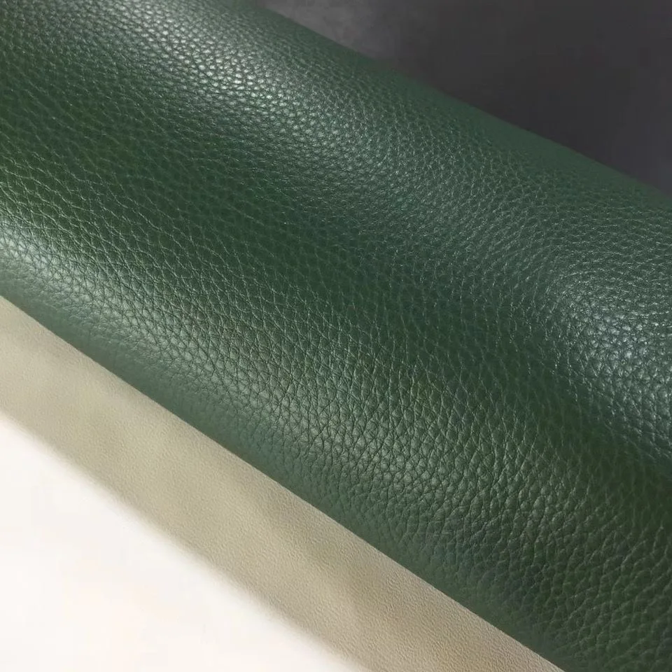Dark green 1.5mm lychee pattern deep green soft cowhide leather material, first layer handmade DIY leather bag leather fabric