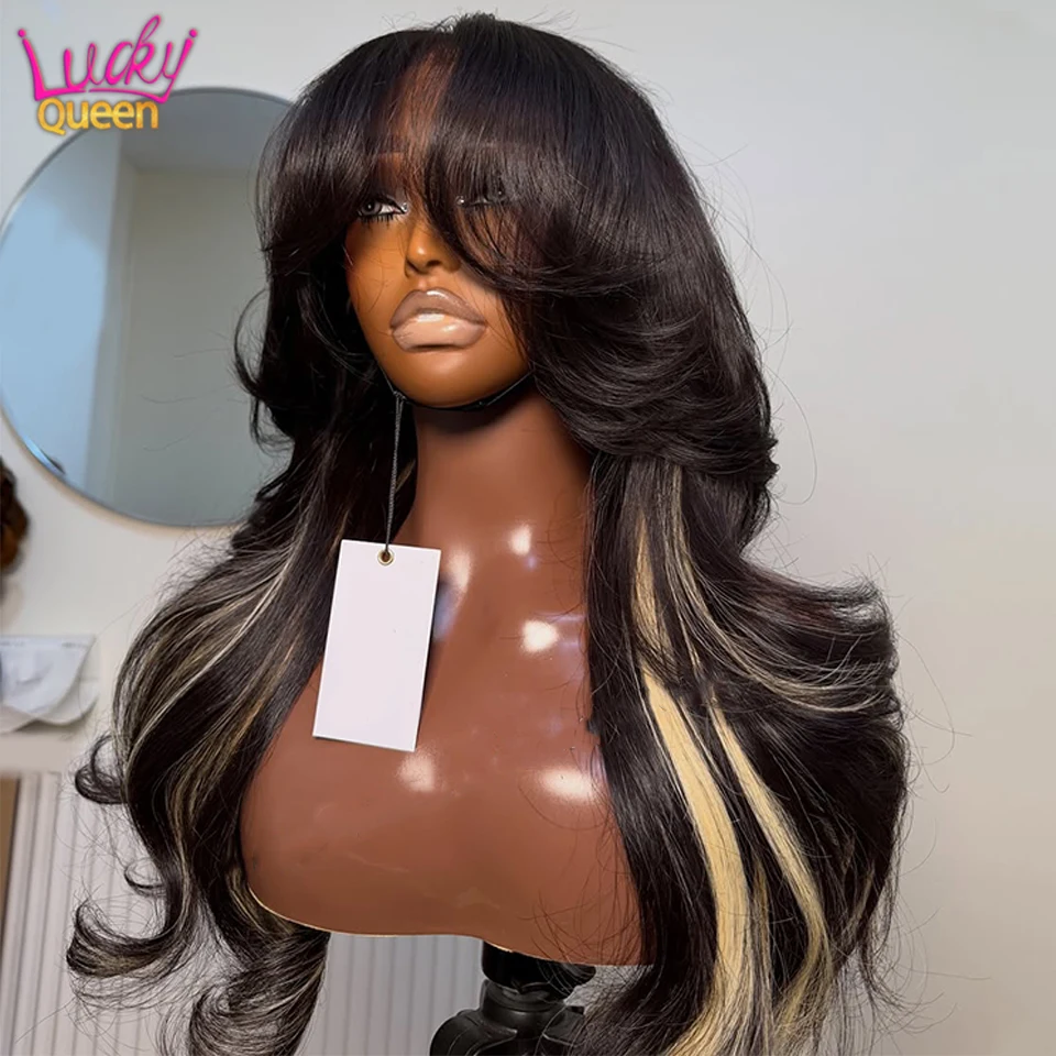 

Highlight Blonde Human Hair Wig With Bangs 13x6 13x4 Lace Front Human Wig For Women 5x5 Lace Closure Wig Body Wave Glueless