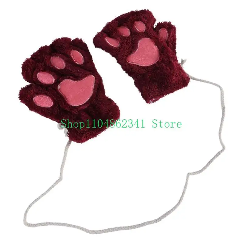 652F Cartoon for Cat Claw Gloves for Women Girls Plush Exposed Fingers Mitte