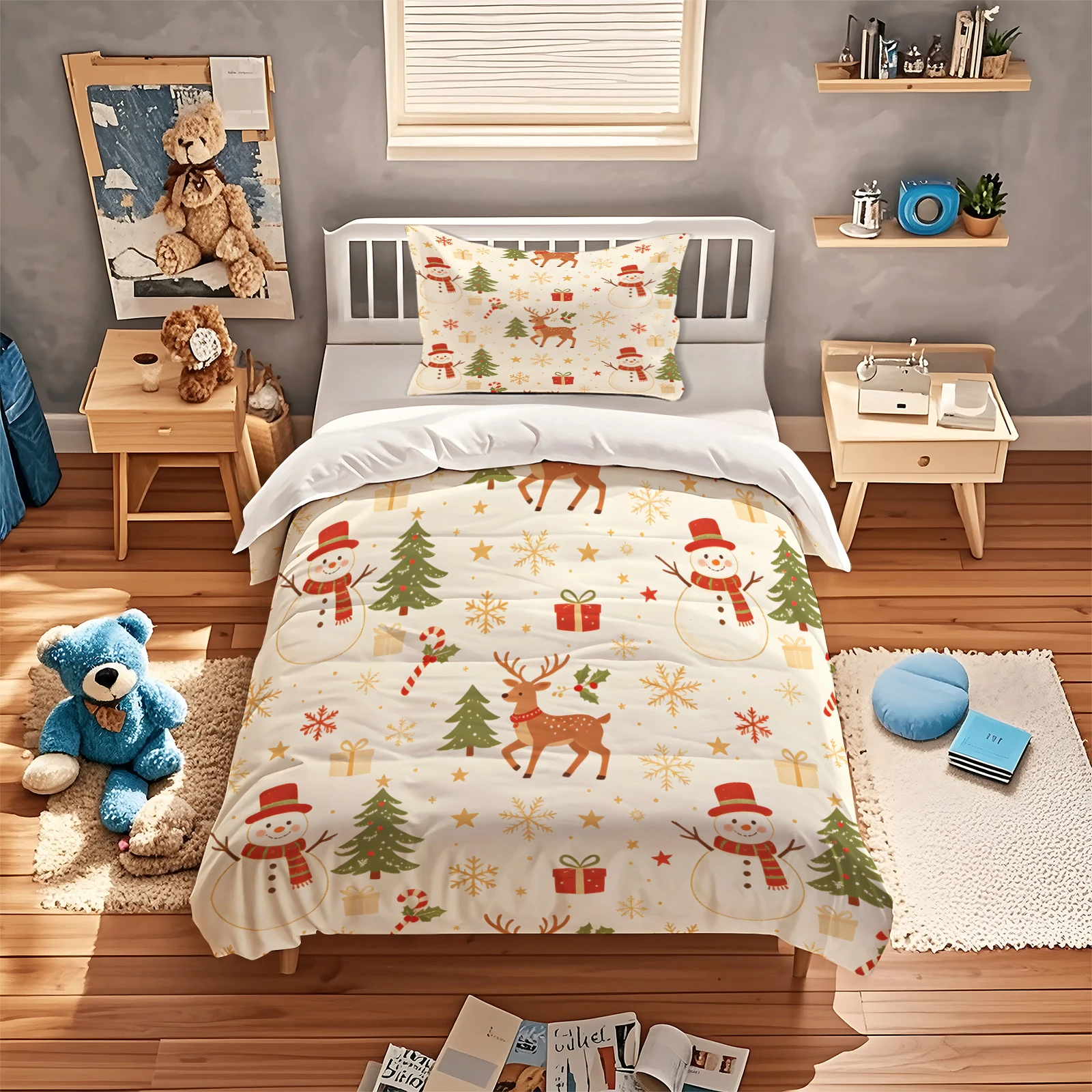 Festive Christmas Snowman Reindeer Duvet Cover Set Xmas Tree Gift Box Snowflake Print Bedding Set Soft Polyester Quilt Cover
