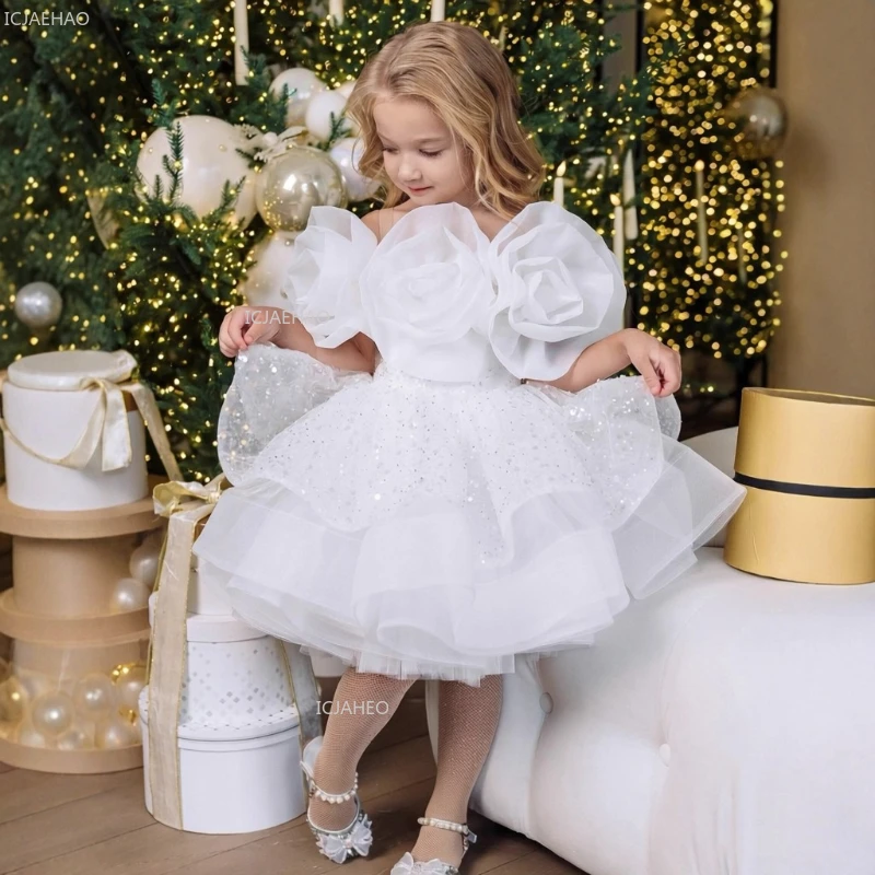 White Princess Tulle Floral Dress Kids Sequin Gown Children Girls Birthday Party Formal Celebration Evening Dresses Costume