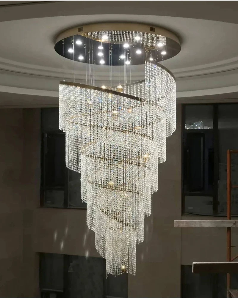 

Creative Crystal Staircase Chandelier Modern Spiral Design Lamp Led Luxury Round Lighting Fixture New Round Gold Chrome Lustre