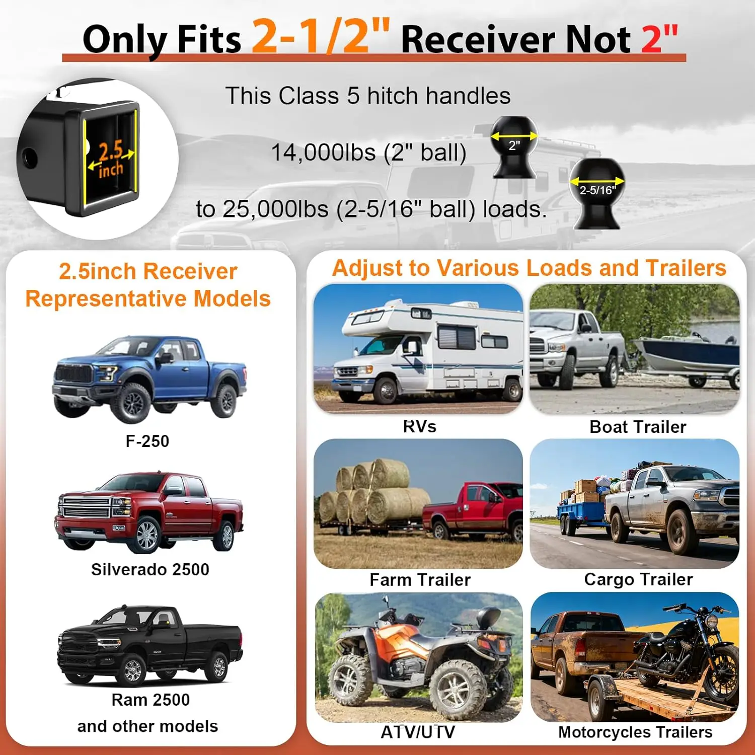 RV, Camper, and Boat Trailer Towing, Metal, No Color Mentioned, 2.5 inch Adjustable with 6\
