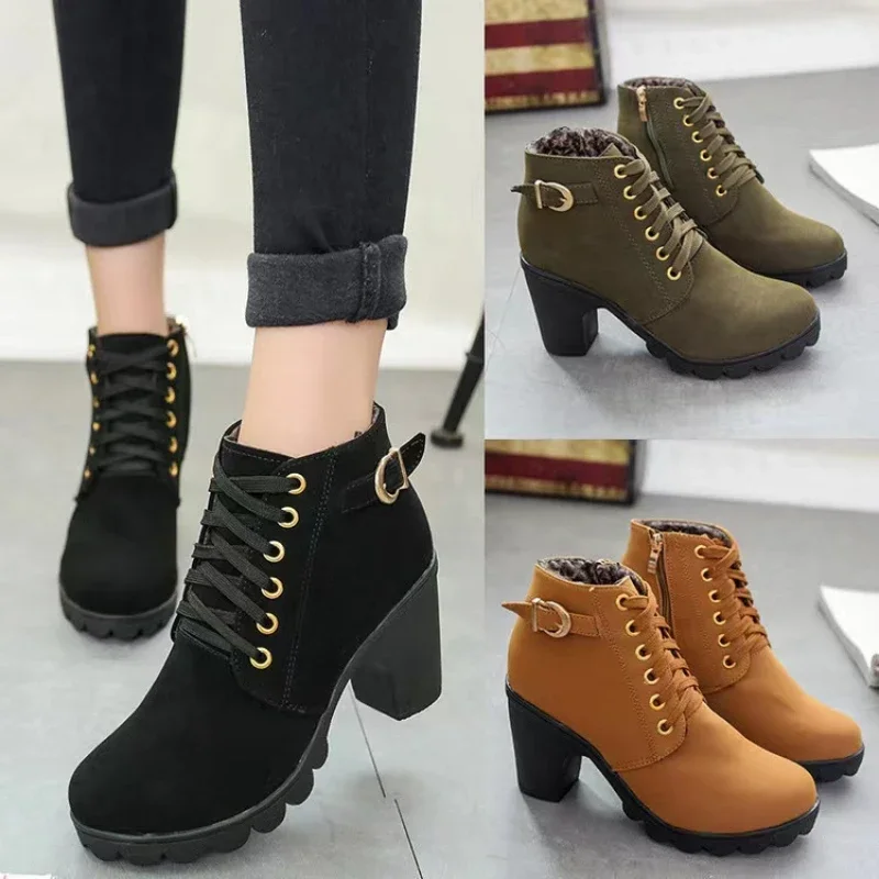 New Spring Winter Women Pumps Boot High Quality Lace-up Ladies shoes women PU High Heels Boots Fast Delivery botas mujer botines