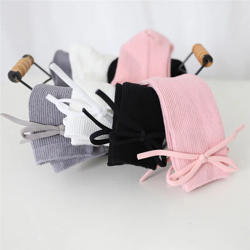 Autumn Kids Knee High Socks Baby Girls Bowknot Flat Long Sock Soft Cotton Solid Children Princess Socken For 0-7 Years