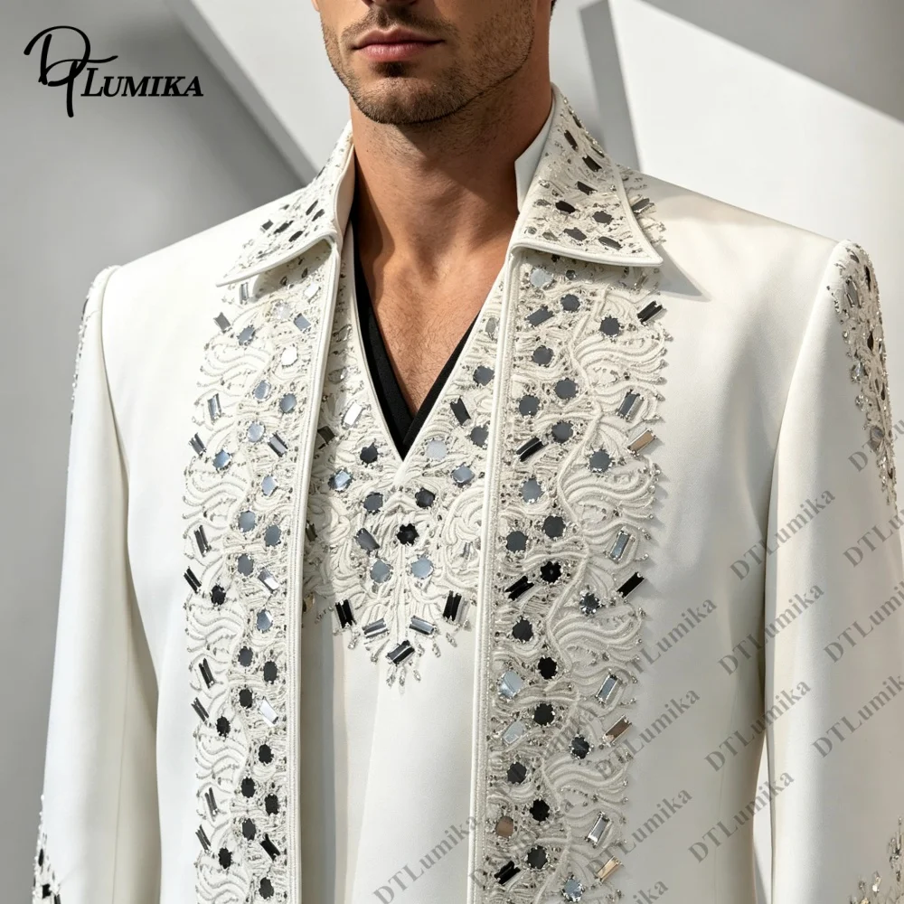 White Rhinestone Embroidered Men 3 Piece Suit Stand Collar Jacket Waistcoat Pants Mens Wedding Prom Tailored Formal Outfit