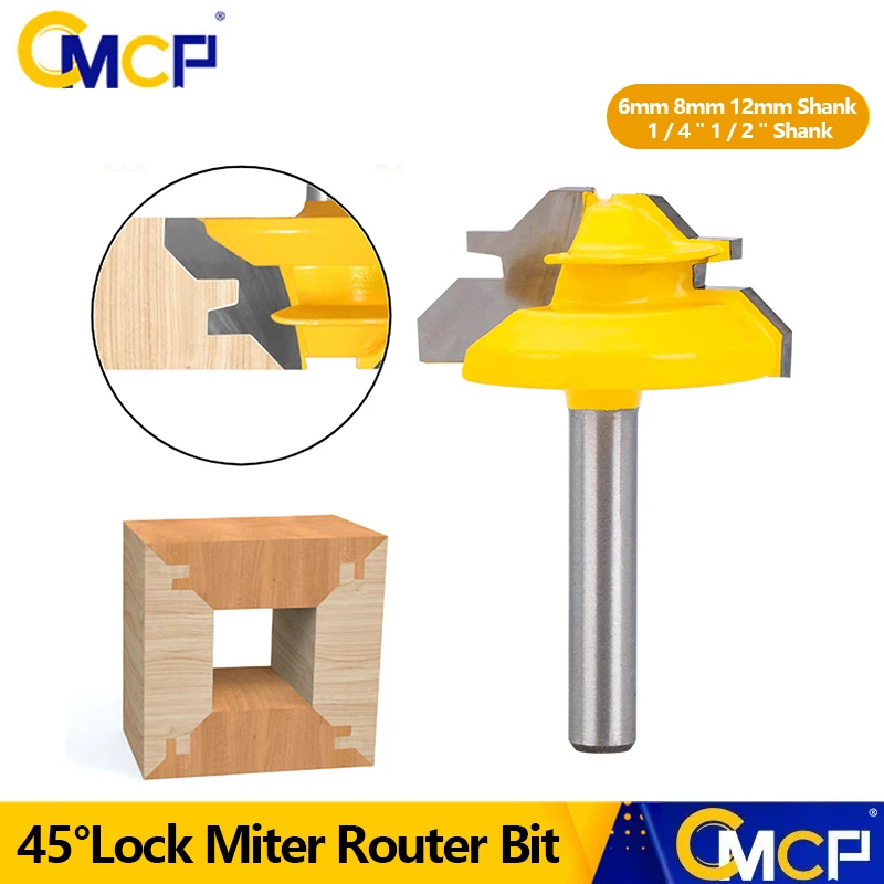 

CMCP 1Pc 45° Degree Lock Miter Router Bit Woodworking Milling Cutter For Wood Tools 6mm 8mm 12mm Shank 1/4" 1/2" Shank