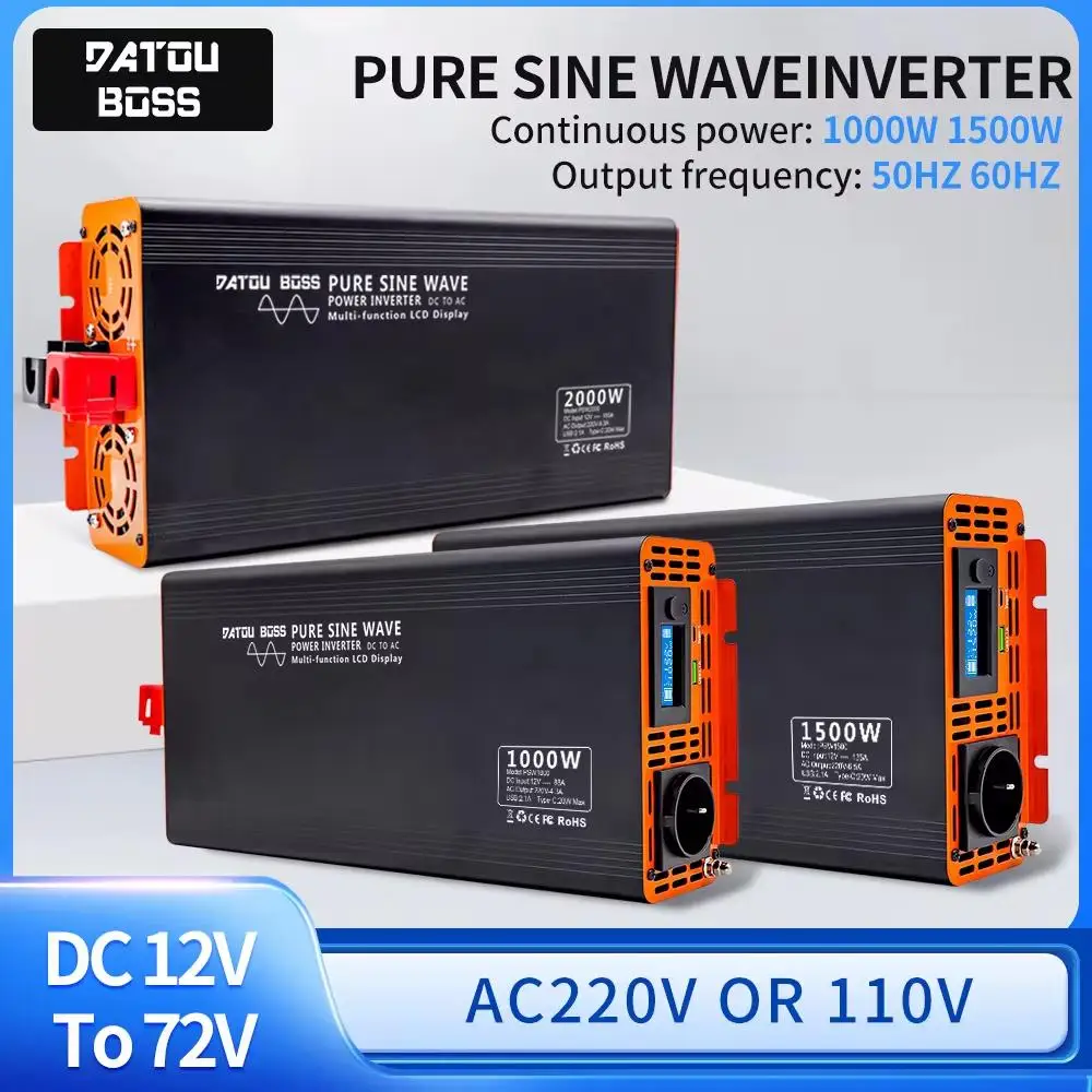 DATOUBOSS PSW Series Pure Sine Wave Inverter DC12V to DC72V to AC220V Portable Car Inverter 2000W Power Supply Voltage Converter