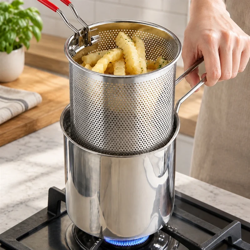 Home Kitchen Deep Fryer with Basket and Oil Filter, Stainless Steel Compact Design for Crispy Fries and Wings