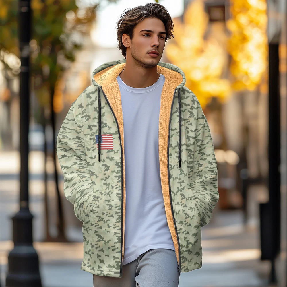 Heren Winterkleding, Nieuw In Donsjassen, Lichte Camouflage En Vlagontwerp Katoenen Gewatteerde Jaskleding, Rits Met Veren Zak