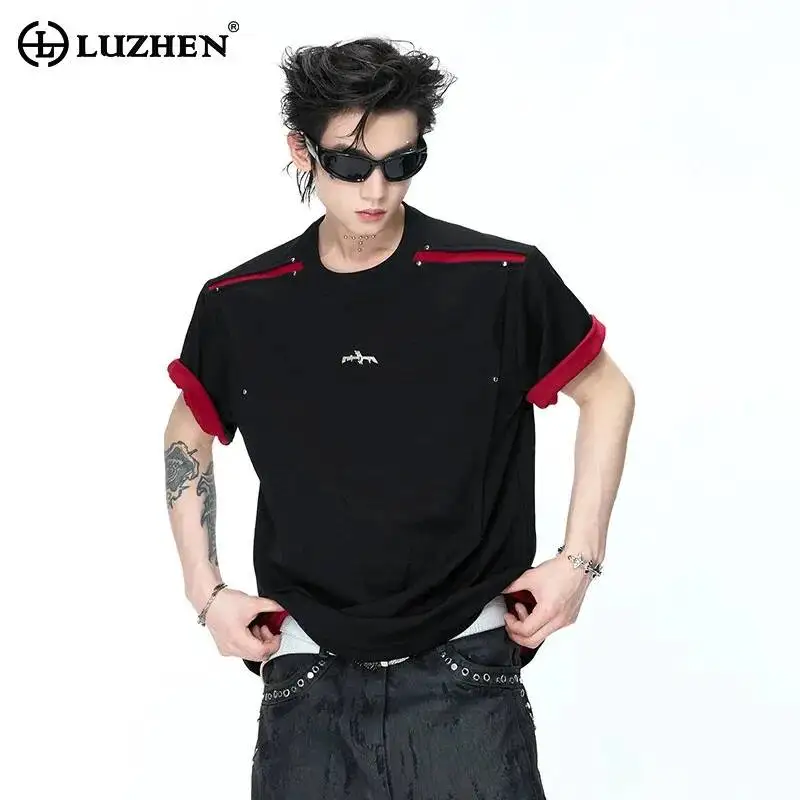LUZHEN Short 2026 Summer Color Contrast Design Patchwork Shoulder Pad Sleeve T-shirt Men's Fashion Handsome Slim Fit Tops JY8002