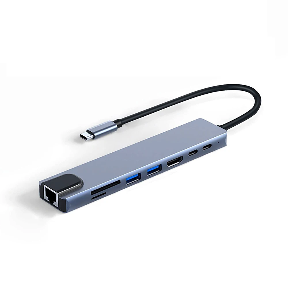 8 in 1 USB C Hub 4K@30Hz HDMI RJ45 Ethernet USB3.0 USB2.0 SD TF Card Reader PD 100W Type C Multiport Docking Station for Laptop